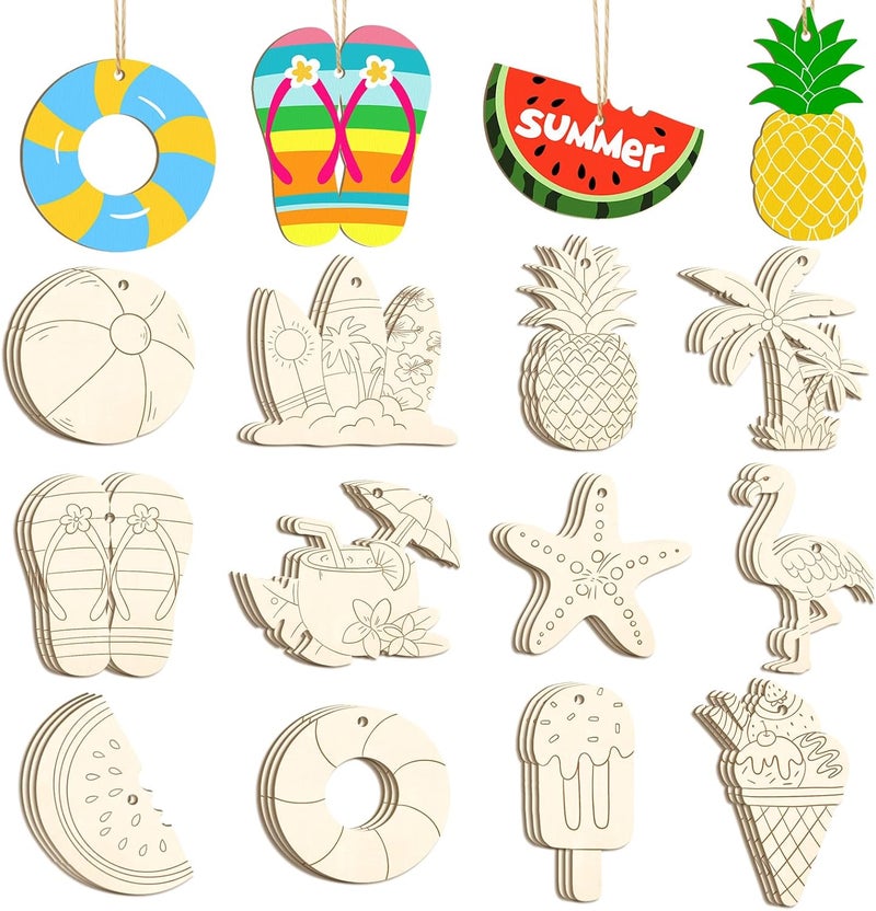 Sophena 36PCS Wooden Summer Ornaments to Paint, 12 Styles DIY Blank Unfinished Wood Beach Cutouts Ornament for Crafts Hanging Decorations, Watermelon Surfboard Slippers Coconut Tree Home Decorations Gifts - Image 1